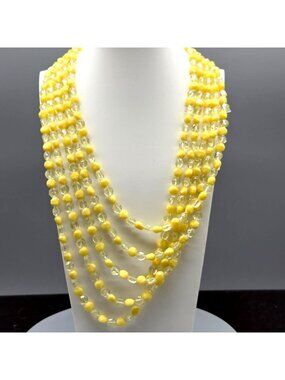 Vintage Yellow Multistrand Acrylic Beaded Necklace Matching Clip-On Earrings
